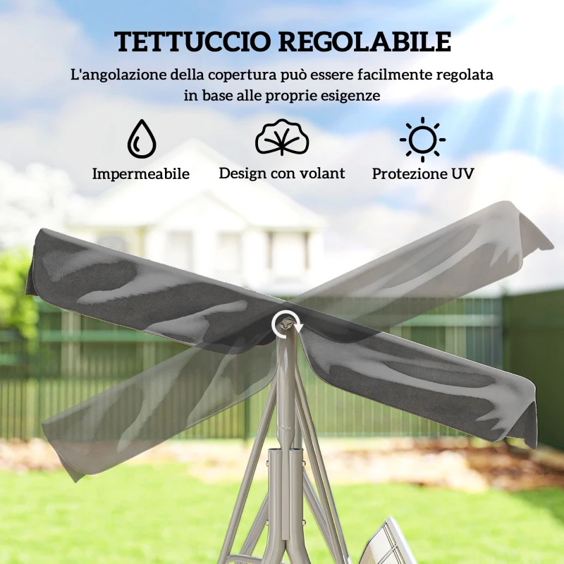 Outsunny Dondolo da Giardino a 3 Posti in Metallo con Tetto Parasole Rimovibile, 171x108x154 cm, Grigio scuro