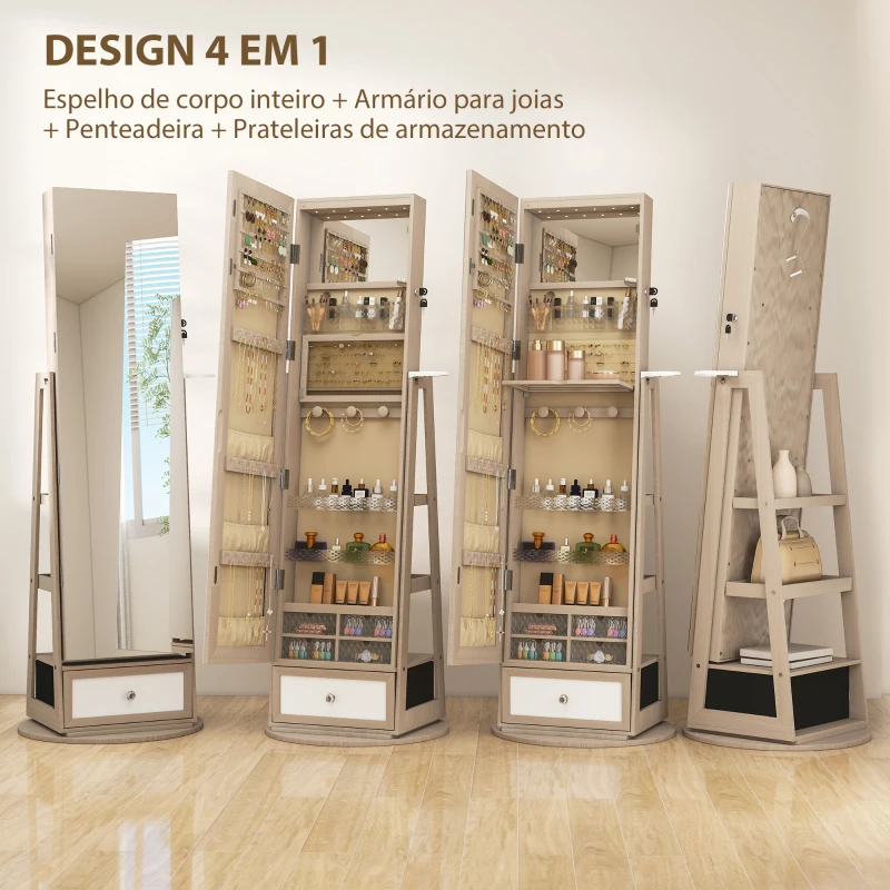 HOMCOM Espelho de Pé Giratório 360° com Espelho com Interior Iluminado Organizador de Jóias com Prateleiras e Gavetas 56x56x164 cm Madeira