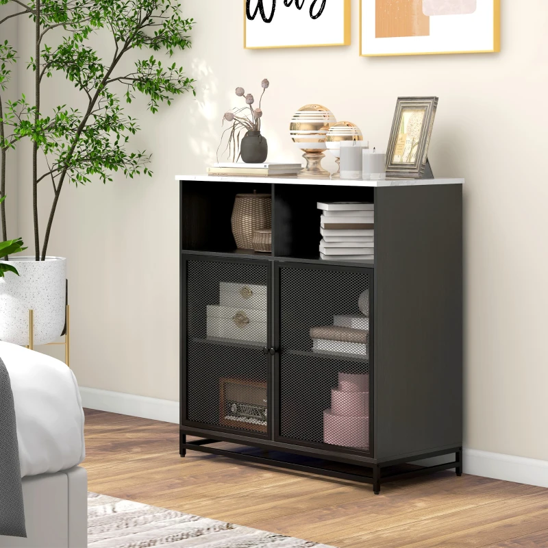 HOMCOM Buffet meuble de rangement plateau aspect marbre et double porte grillagée, 86 x 40 x 90 cm, blanc et noir