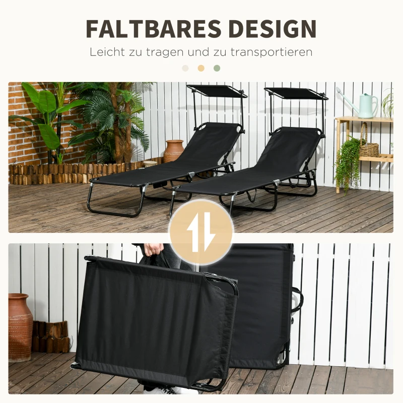 Outsunny 2er Set Sonnenliege klappbar Gartenliege mit Sonnendach 5-Fach höhenverstellbarer Rückenlehne Schwarz
