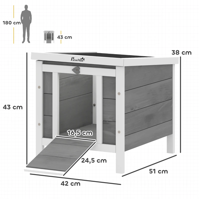 PawHut Conejera de Madera Exterior Jaula Caseta para Roedores Mascotas Pequeñas con Techo Asfáltico Se Puede Abrir y Rampa Antideslizante 42x51x43 cm Gris