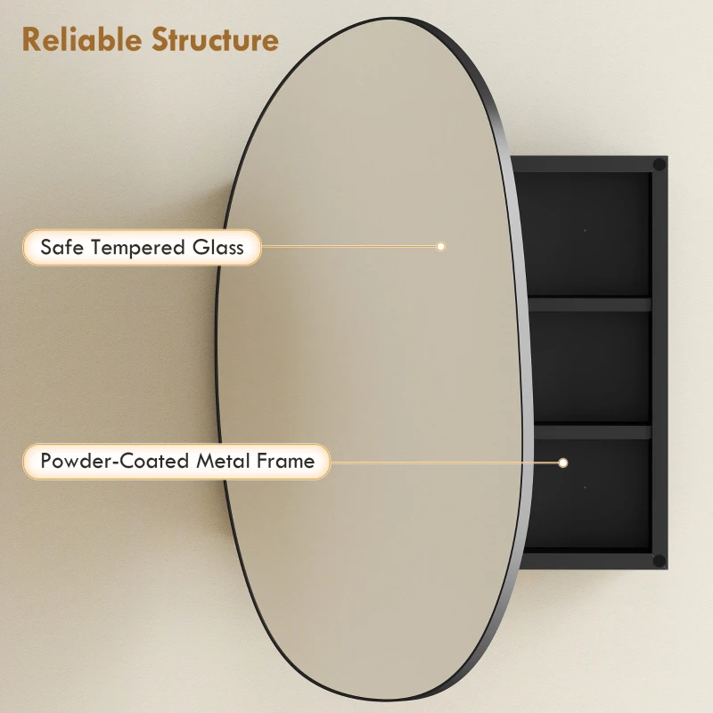 HOMCOM Badezimmerschrank mit Spiegel und Ablagefächern, unregelmäßige Form, Wandmontage, für Badezimmer, Schwarz