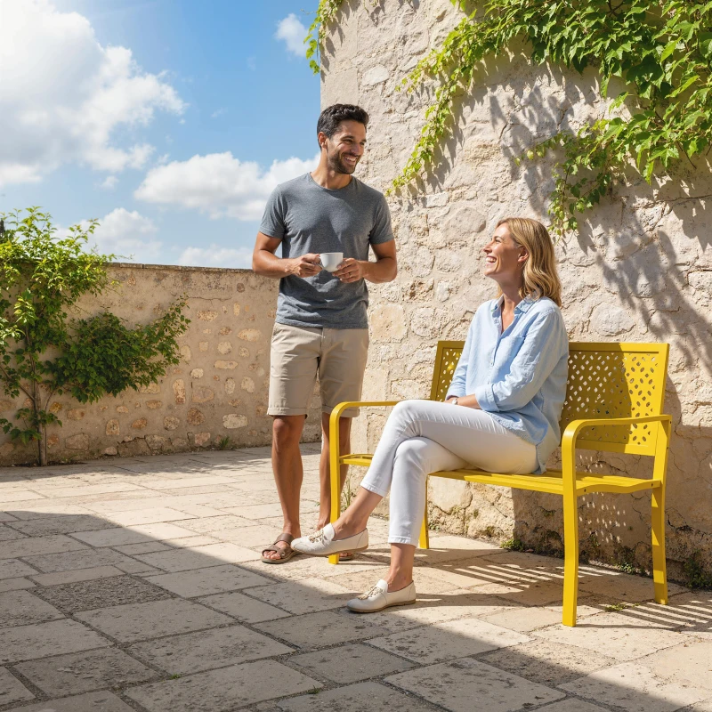 Outsunny 2-Seater Metal Garden Bench Weatherproof Outdoor Seat with Rust-Resistant Backrest, Geometric, Up to 240 kg