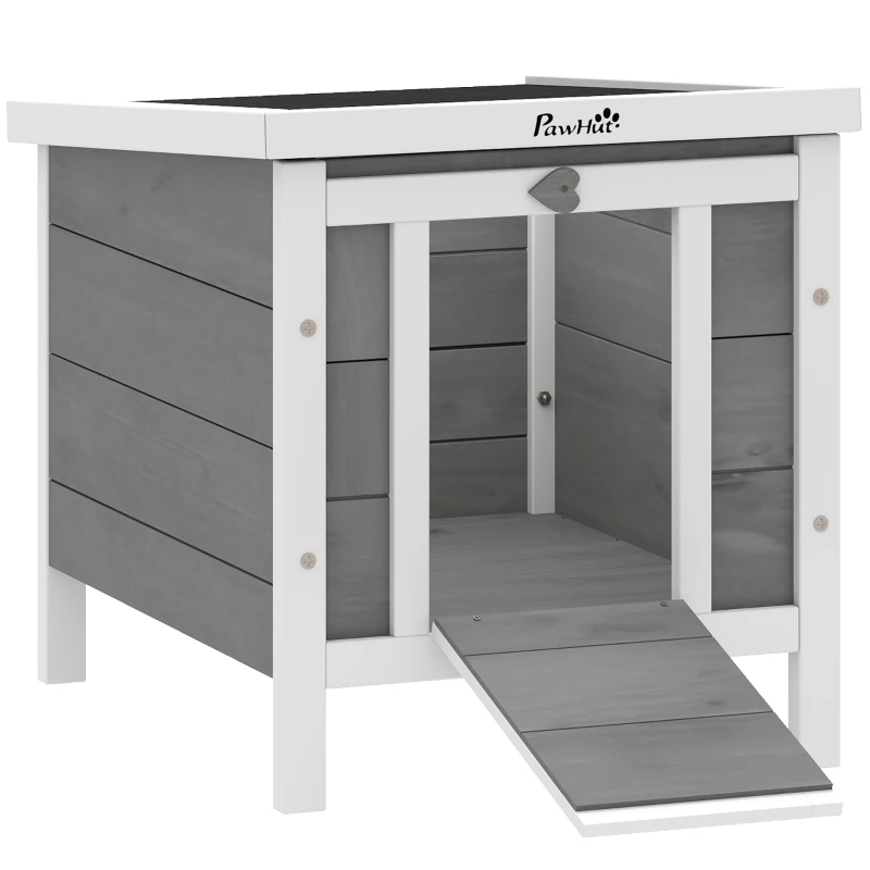 PawHut Conejera de Madera Exterior Jaula Caseta para Roedores Mascotas Pequeñas con Techo Asfáltico Se Puede Abrir y Rampa Antideslizante 42x51x43 cm Gris