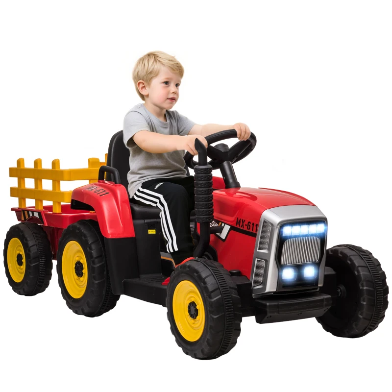 HOMCOM Tractor Eléctrico con Remolque para Niños 3-6 Años con Control Remoto y Cinturón de Seguridad 136,5x50x52,5 cm Rojo