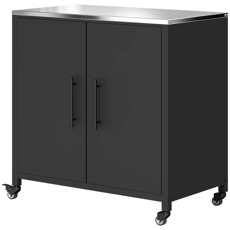 Outsunny Tuinkast met plantentafel berghok met roestvrijstalen werkblad uitneembaar rek magnetisch dubbele deur wielen