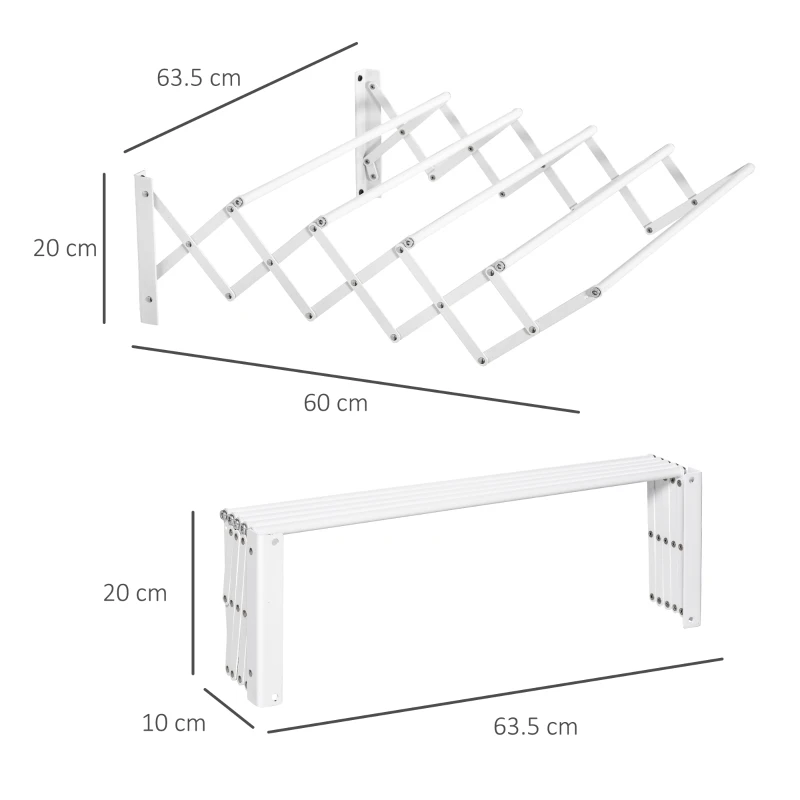 HOMCOM Uscător de Rufe Retractabil pentru Perete, Uscător Pliabil Economisitor de Spațiu din Metal pentru Interior și Exterior, 63,5x60x20 cm, Alb