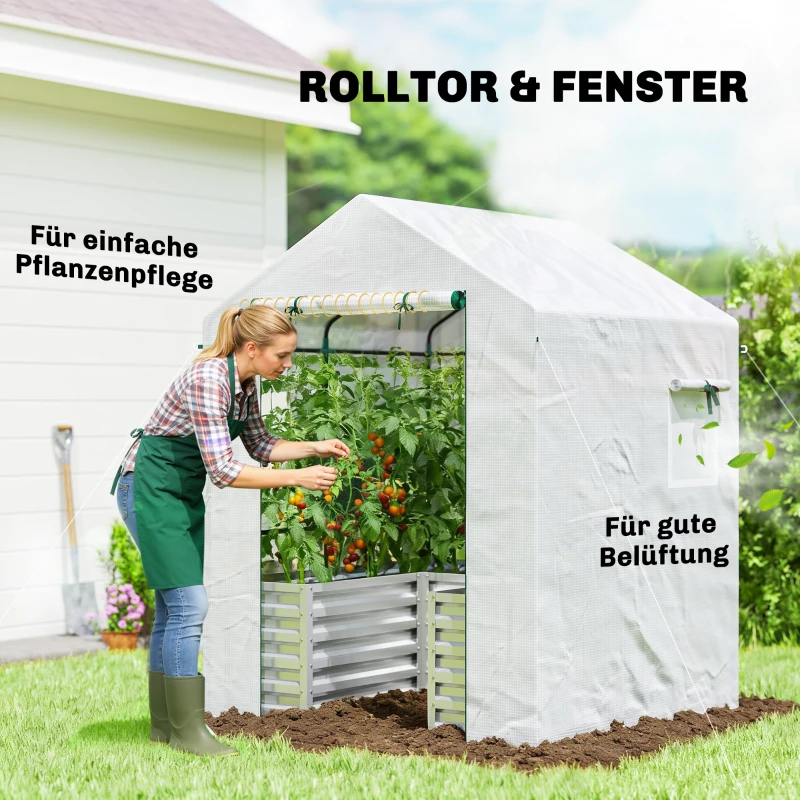 Outsunny Tomatengewächshaus Foliengewächshaus mit Hochbeet Rolltor Fenster Schrägdach 141 x 141 x 190 cm Weiß