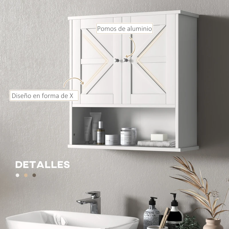 kleankin Armario de Baño de Pared Mueble de Baño Colgar Rústico con Compartimento Estante Ajustable 2 Puertas Blanco