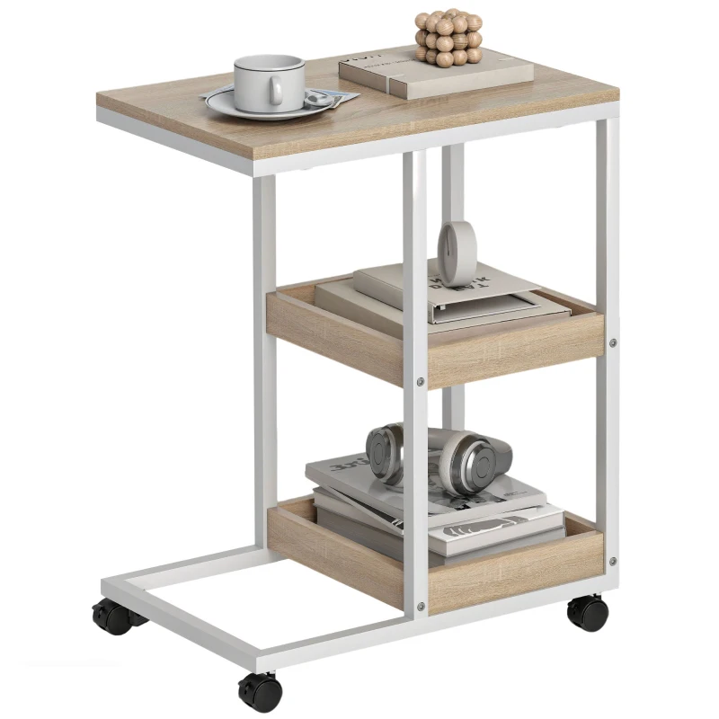 HOMCOM Mesa Auxiliar en Forma de C con Ruedas Estantes Abiertos y Marco de Acero para Salón Dormitorio 51x33x66cm Natural y Blanco