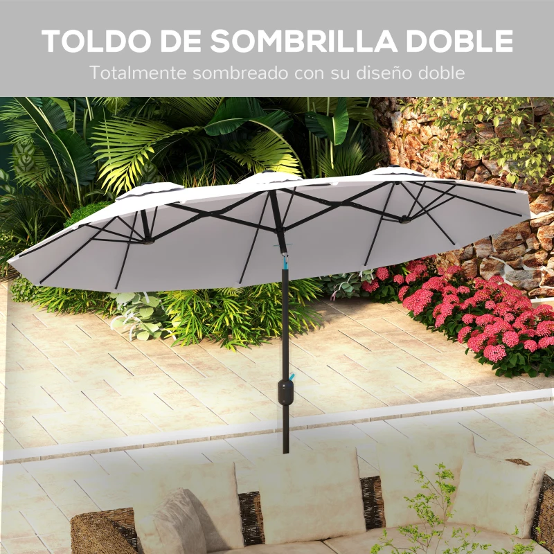 Outsunny Sombrilla Doble de Jardín 295x152x222 cm con Inclinación de 45° y Manivela Manual para Terraza Balcón Piscina Crema