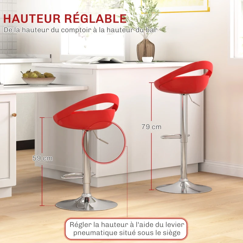 HOMCOM Lot de 2 tabourets de bar chaises de bar hauteur réglable dossier et repose-pieds pivotant à 360° 46x41x76-96cm rouge