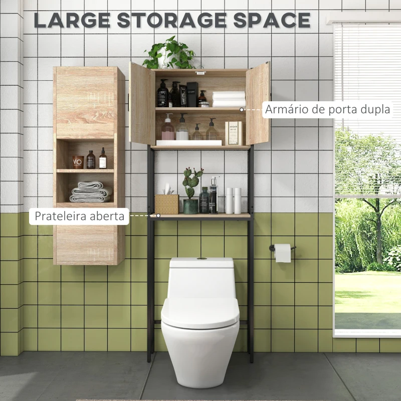 kleankin Móvel sobre Sanita com 2 Portas Prateleira Ajustável Prateleira Aberta Estante de Casa de Banho 64x19x178 cm Madeira