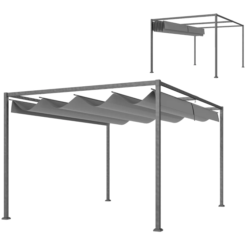 Outsunny Pergolă Gazebo 4x3 m cu Acoperiș Retractabil, Orificii de Drenaj, Țepușe și Șuruburi, Pergolă pentru Grădină din Poliester și Metal, Gri Închis