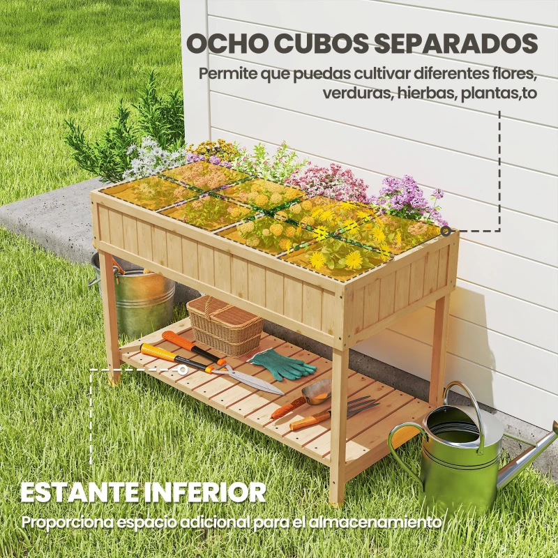 Outsunny Huerto Urbano de Madera Mesa de Cultivo con Estante Inferior Jardinera Elevada para Cultivo 110x46x76 cm Natural