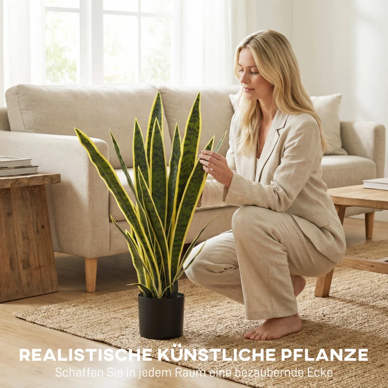 Outsunny Künstliche Schlangenpflanze groß 77 cm Kunstpflanze im Topf für Wohnzimmer Geschenk