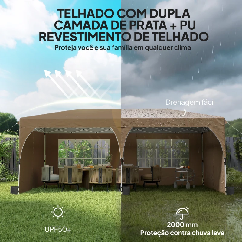 Outsunny Tenda Dobrável 6x3 m Pop-up com 4 Laterais Amovíveis Tenda de Jardim com Faixas Refletoras Altura Ajustável UPF50+ Bege