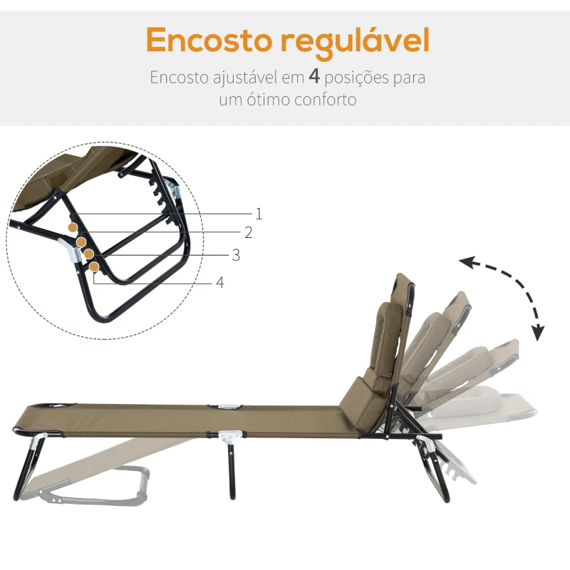 Outsunny Espreguiçadeira Dobrável com Encosto Ajustável 4 Posições com Orifício para Leitura Almofada Tecido Oxford 190x56x28 cm Castanho