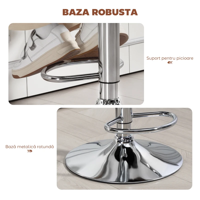 HOMCOM Taburet de Bar cu Înălțime Reglabilă, Scaun Înalt din PU cu Spătar, Suport pentru Picioare, Cotiere și Șezut Moale, Structură din Oțel, Rotativ la 360°, pentru Bucătărie, Maro