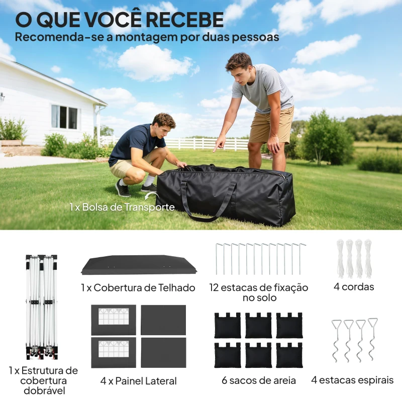 Outsunny Tenda Dobrável 6x3 m Pop-up com 4 Laterais Amovíveis Tenda de Jardim com Faixas Refletoras Altura Ajustável UPF50+ Cinzento