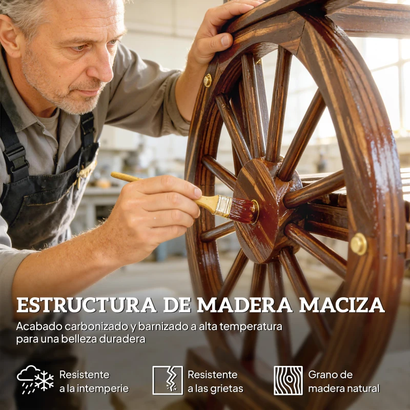 Outsunny Silla de Jardín de Madera con Brazos de Rueda de Carreta Asiento Ancho con Listones y Respaldo Inclinado Carbonizado