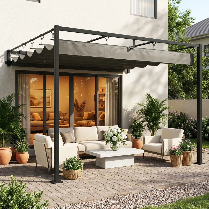 Outsunny Pérgola de Pared de Jardín 3x3 m con Techo Retráctil Protección UPF30+ Drenaje Cenador de Jardín para Exterior Gris