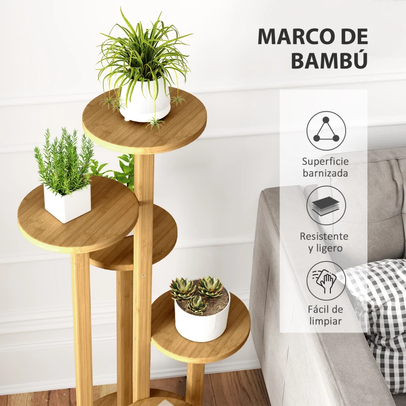 Outsunny Soporte para Plantas de Bambú con Ruedas de 5 Niveles Estantería Redonda para Plantas para Esquina 33x33x90 cm Natural