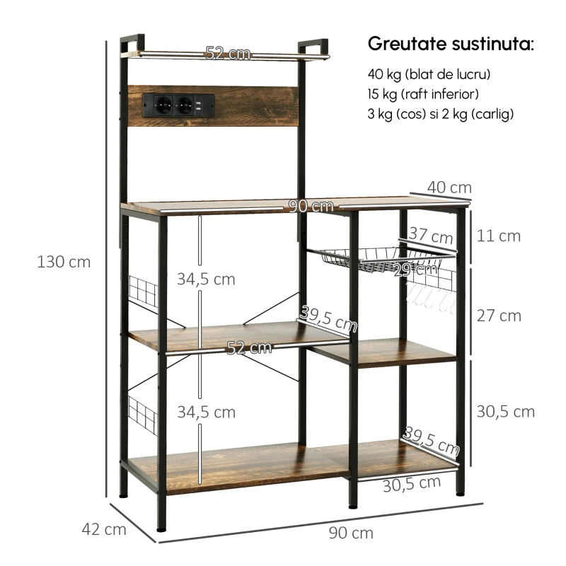 HOMCOM Raft de bucătărie cu priză multiplă pentru microunde, cu rafturi și coș din plasă, 90x42x130cm, maro