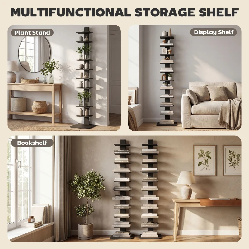 HOMCOM Bibliotecă Verticală înaltă cu 11 Rafturi, Bibliotecă Economisitoare de Spațiu Slim, Raft Industrial pentru Living, Dormitor, Birou, 34.5x41.5x163.5 cm, Negru