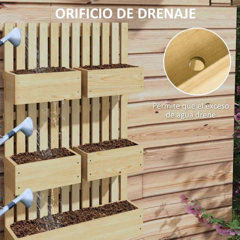Outsunny Jardinera de Pared de Madera con Enrejado y 5 Macetas Móviles para Jardín Terraza Patio 60x16x100 cm Natural