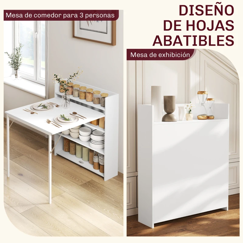 HOMCOM Mesa Plegable de Comedor Mesa de Cocina con Ala Abatible 4 Compartimentos Hasta 3 Personas 78,5x91x93 cm Blanco