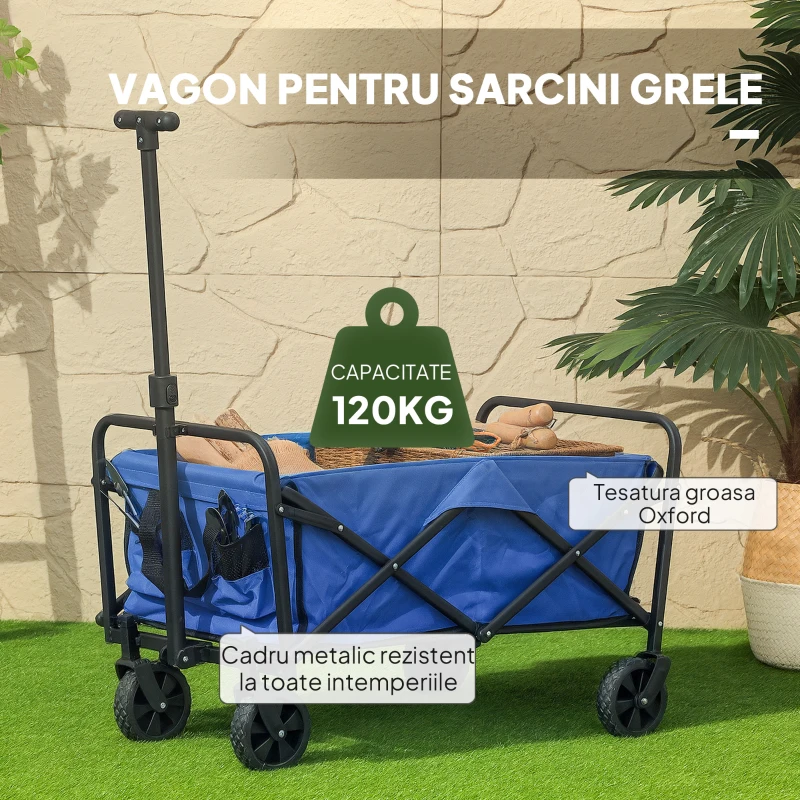 Outsunny Trolley de 62L pentru Festivaluri pe Roți, Cărucior de Grădină Pliabil, Wagon Compact cu Capacitate 120kg, Mâner Reglabil și Geantă pentru Plajă, Camping, Festivaluri, Albastru