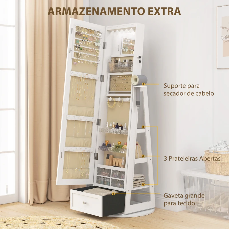 HOMCOM Espelho de Pé Giratório 360° com Espelho com Interior Iluminado Organizador de Jóias com Prateleiras e Gavetas 56x56x164 cm Branco