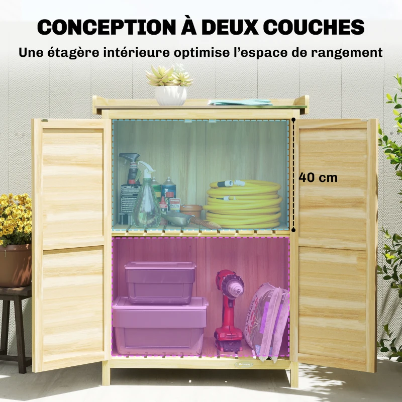 Outsunny Armoire de jardin, armoire extérieure de rangement en bois, plan de travail en métal galvanisé, 71,5x39x95cm, naturel