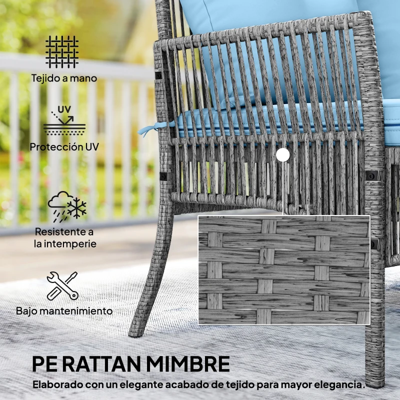 Outsunny Conjunto de Jardín Exterior de Ratán con 1 Sofá de 2 Plazas 1 Sofá Esquinera y 1 Mesa de Centro Tablero de Vidrio Azul