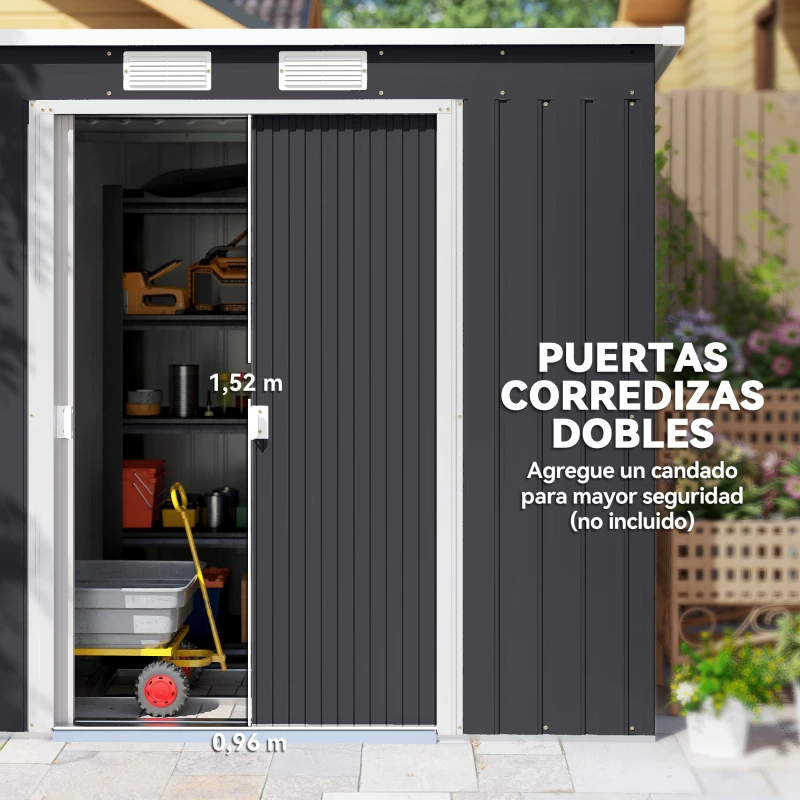 Outsunny Cobertizo de Jardín Exterior 2,4 m² 213x130x172 cm con Puerta Corredera Techo Inclinado Base sin Suelo y Ventanas Gris