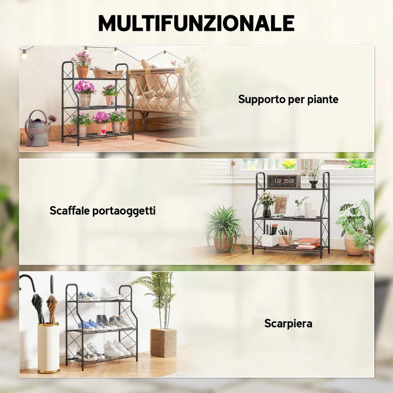 Outsunny Portapiante a 3 Livelli per Interni ed Esterni in Metallo, 69x28.5x78 cm, Nero