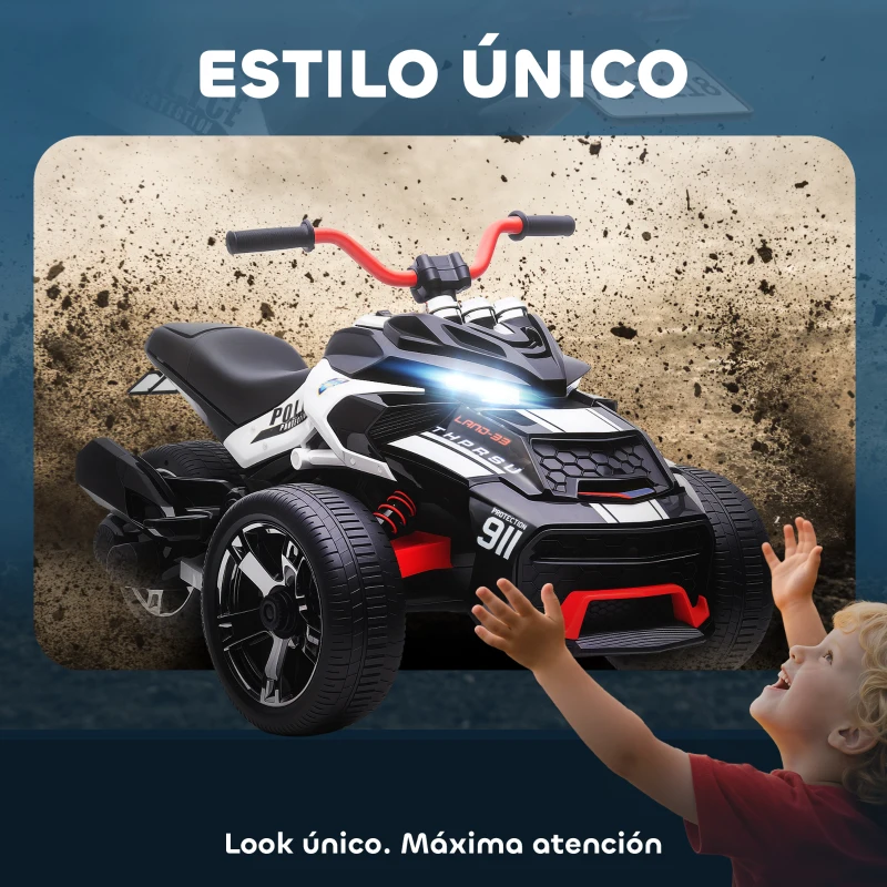 AIYAPLAY Quad Eléctrico para Niños 12V con 2 Motores Velocidad hasta 5 km/h 3 Ruedas Suspensión Negro y Blanco