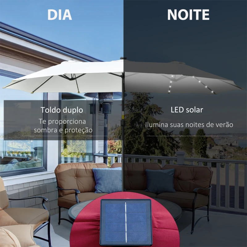 Outsunny Chapéu de Sol Duplo com 48 Luzes LED 4,5x2,65 m Manivela Proteção Solar para Terraço Jardim Piscina Creme