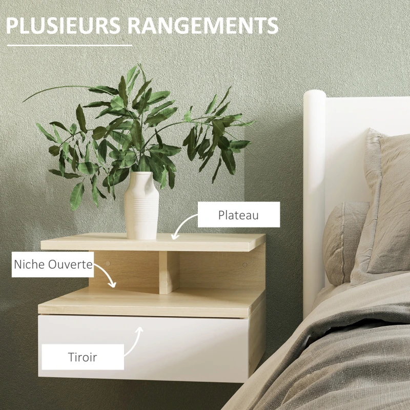 HOMCOM Lot de 2 tables de chevet murales, tables de nuit suspendues avec tiroir coulissant, compartiment ouvert, plateau, style moderne, pour chambre à coucher, 35 x 32 x 22,5 cm, chêne et blanc