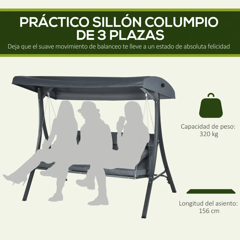 Outsunny Balancín de Jardín Exterior Columpio de 3 Plazas con Toldo Ajustable y Marco de Acero 202x115x168 cm Gris Oscuro