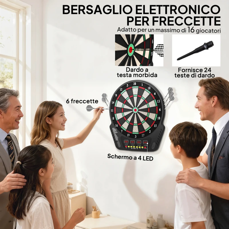HOMCOM Bersaglio Freccette con 6 Freccette, Alimentatore, 4 Display LED e 27 Giochi, in ABS e PP, 44x51.5x3.2 cm, Nero