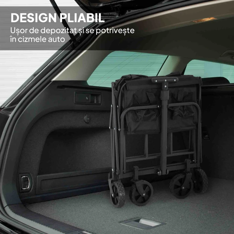 Outsunny Cărucior de Grădină Pliabil și Compact, Cărucior Multifuncțional cu Roți Universale și Mâner Reglabil pentru Sport, Camping, Cumpărături, Negru