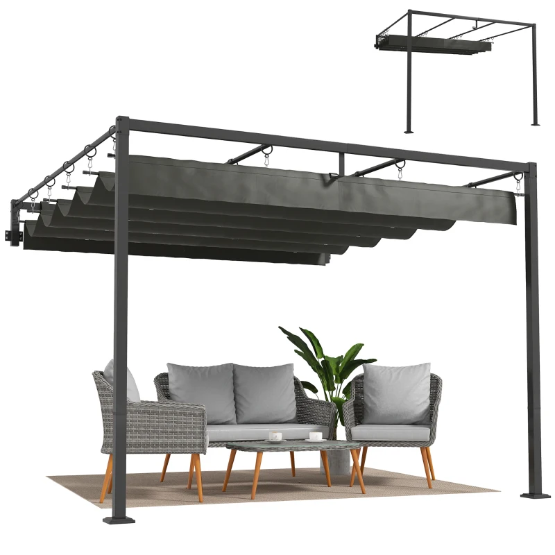 Outsunny Pérgola de Pared de Jardín 3x3 m con Techo Retráctil Protección UPF30+ Drenaje Cenador de Jardín para Exterior Gris