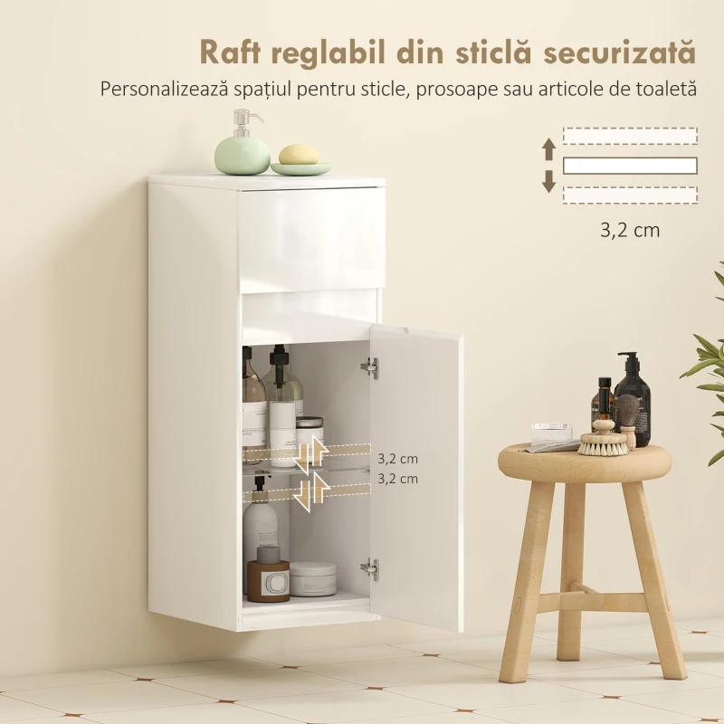 HOMCOM Dulap de Baie Suspendat cu Sertar și Ușă Lucioasă, Raft Reglabil din Sticlă Securizată, 30x34x79,4 cm, Alb Lucios