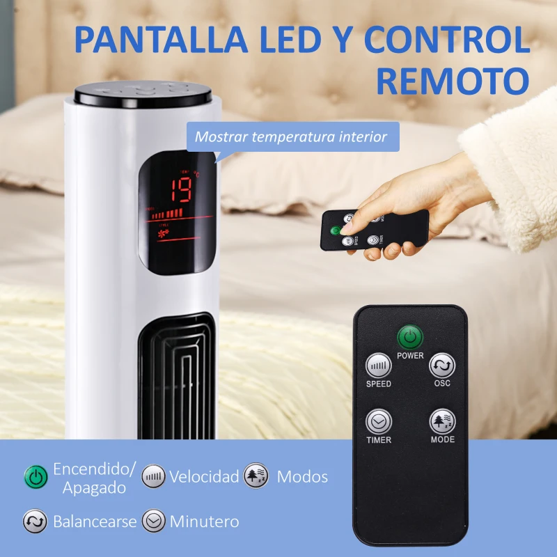 HOMCOM Ventilador de Torre Silencioso 45W con Control Remoto 3 Velocidades 3 Modos Temporizador 10H Oscilación 70° Blanco