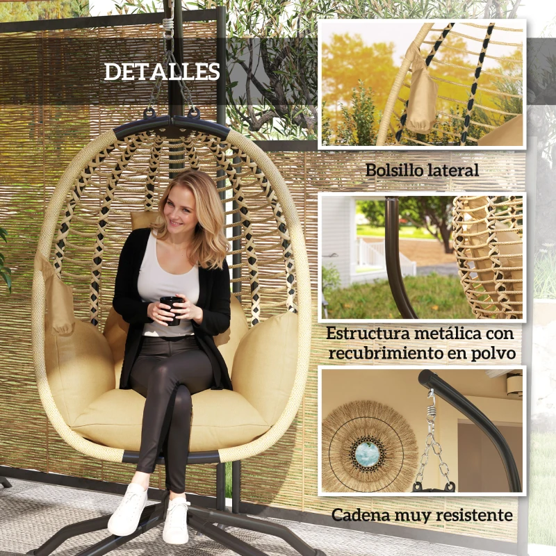 Outsunny Silla Colgante con Soporte Cesta Plegable Cojín y Reposacabezas para Interior y Exterior Carga 120 kg Beige