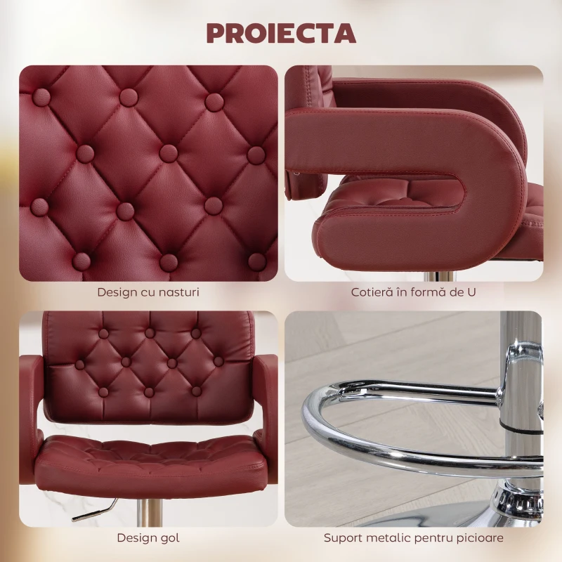 HOMCOM Scaun de Bar cu Înălțime Reglabilă, Scaun de Bucătărie Înalt din PU cu Spătar, Suport pentru Picioare, Cotiere și Șezut Confortabil, Structură Metalică, Rotativ la 360°, pentru Insulă, Roșu Vin