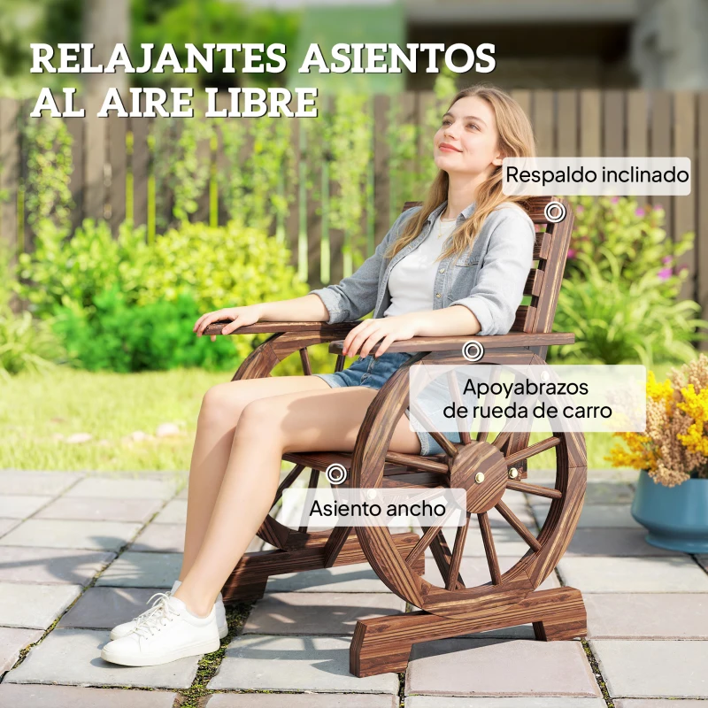 Outsunny Silla de Jardín de Madera con Brazos de Rueda de Carreta Asiento Ancho con Listones y Respaldo Inclinado Carbonizado