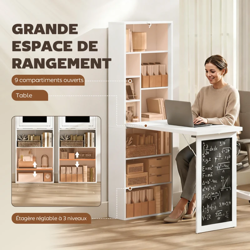 HOMCOM Bureau avec rangement pliable murale rabattable avec bibliothèque poste de travail tableau à craie et étagère réglable